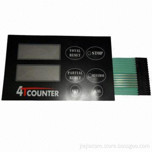 Membrane keypad with two LCD 4 keys embossed button and the female connector black printing